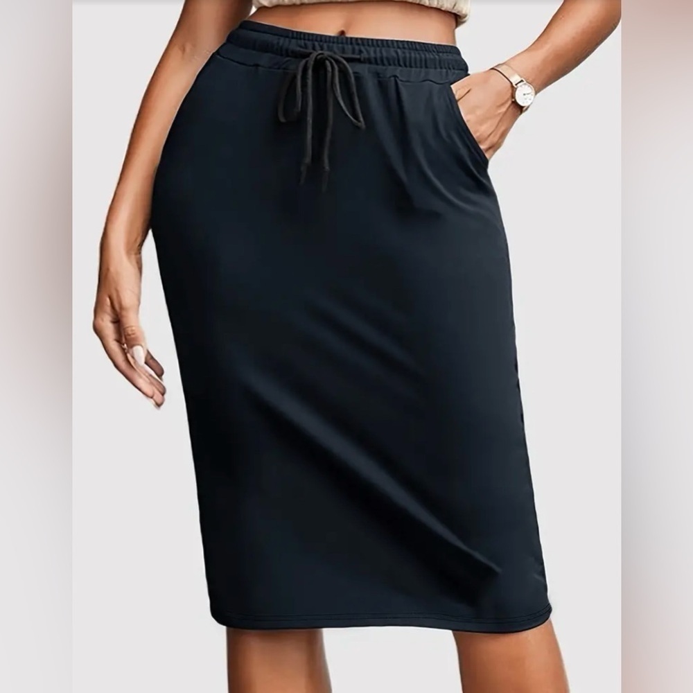 NEW - Drawstring Waist Casual Knee Length Skirt With Pockets
